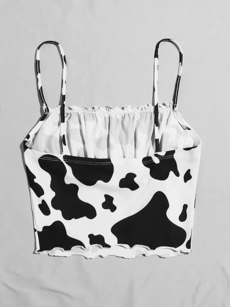 Muchica Frill Trim Ruched Bust Cow Print Cami Top - Black and White - View 3