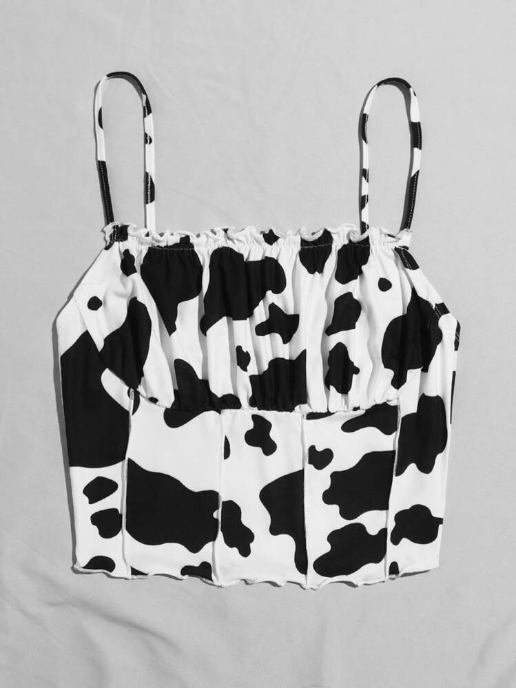 Muchica Frill Trim Ruched Bust Cow Print Cami Top - Black and White - View 4