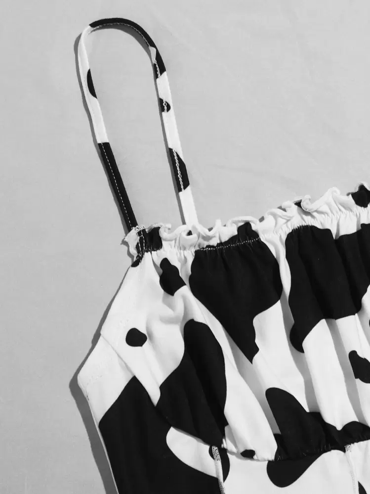 Muchica Frill Trim Ruched Bust Cow Print Cami Top - Black and White - View 5