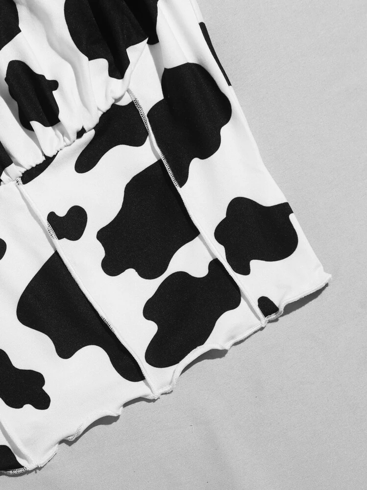 Muchica Frill Trim Ruched Bust Cow Print Cami Top - Black and White - View 6