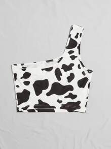 Muchica One Shoulder Cow Print Crop Top - Black and White - View 2