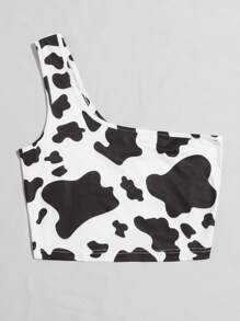 Muchica One Shoulder Cow Print Crop Top - Black and White - View 3