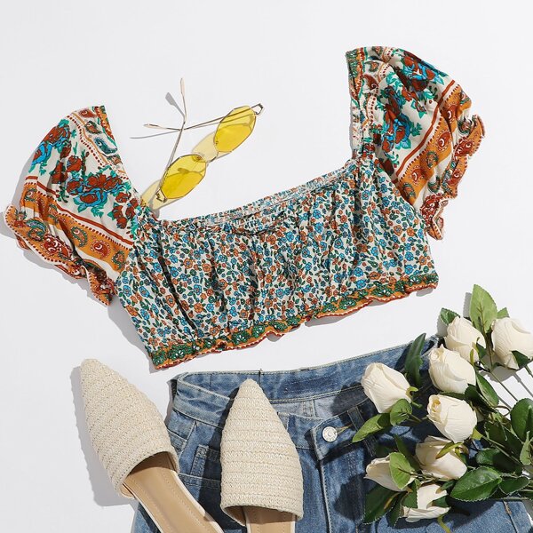 

Shirred Back Puff Sleeve Paisley & Floral Print Crop Top, Multicolor