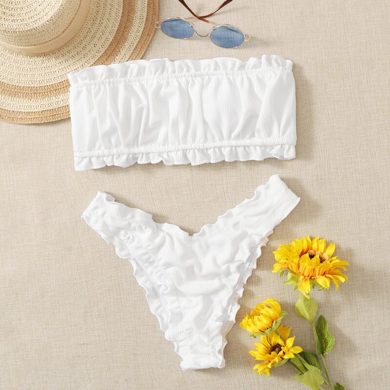 

Ruched Frill Bandeau High Cut Bikini Swimsuit, White