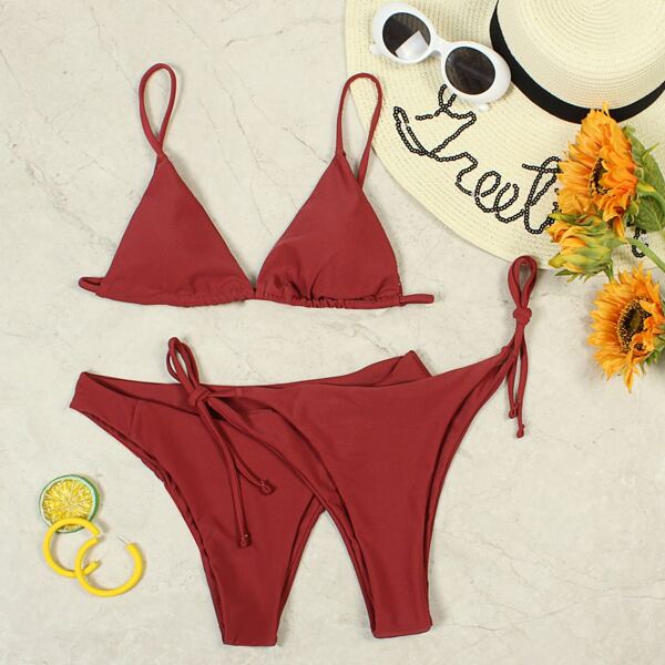 

3pack Triangle Tie Side Co-ord Bikini Swimsuit, Burgundy