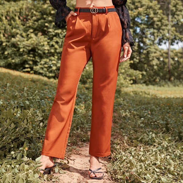 

Solid Straight Leg Pants Without Belt, Ginger