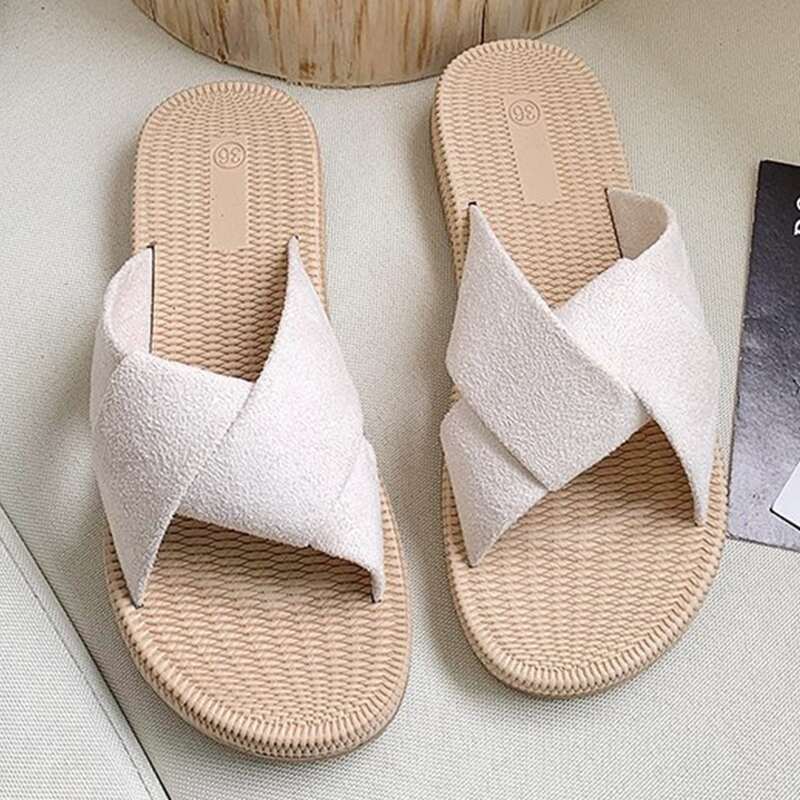 

Cross Strap Slide Sandals, Beige