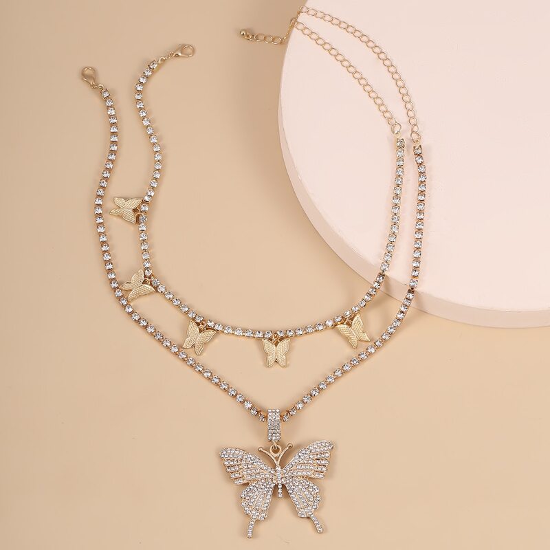

2pcs Butterfly Charm Rhinestone Decor Necklace, Gold