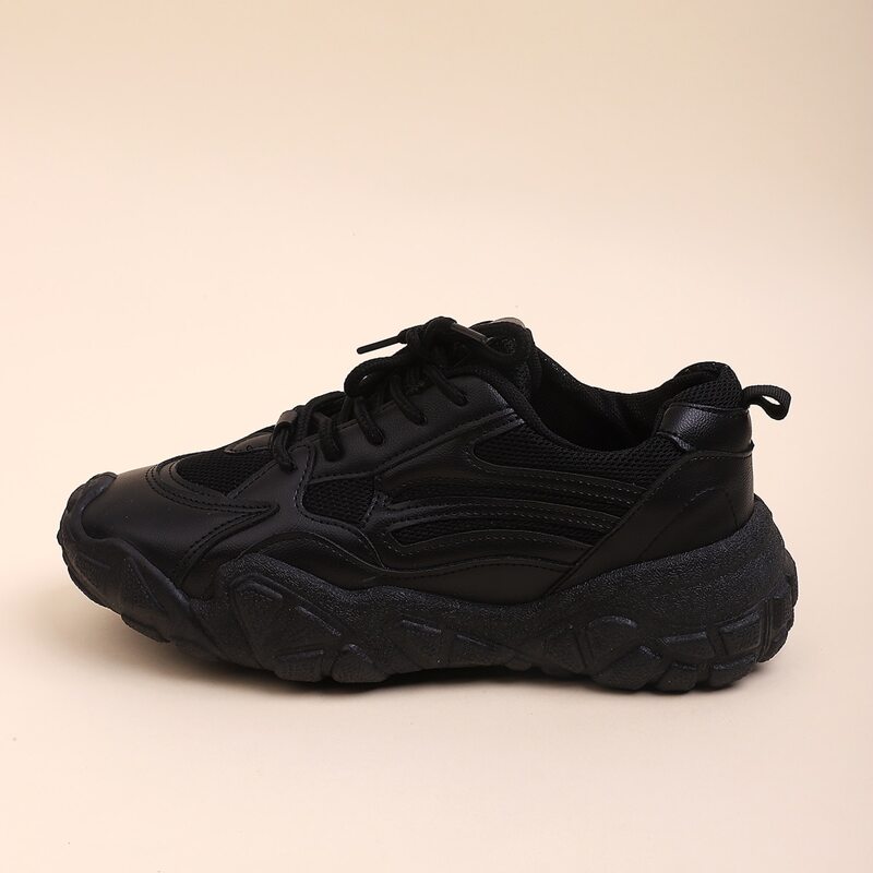 

Lace-up Front Mesh Panel Chunky Sneakers, Black