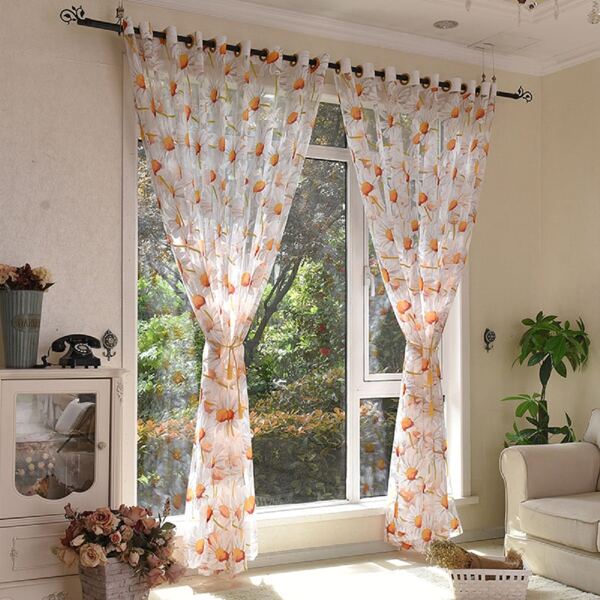 

1pc Flower Print Sheer Curtain, Multicolor