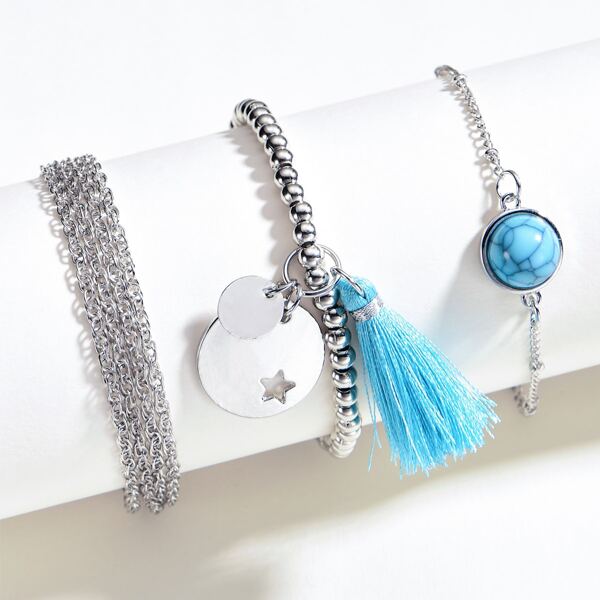 

3pcs Tassel & Coin Charm Bracelet, Silver