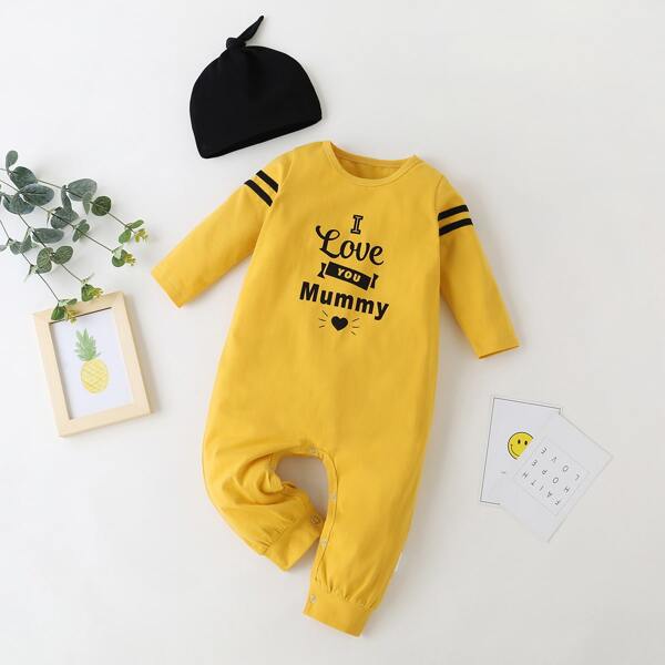 

Baby Boy Slogan Graphic Jumpsuit & Hat, Yellow