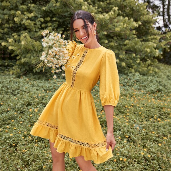 

Puff Sleeve Lace Insert Flounce Hem Dress, Yellow bright
