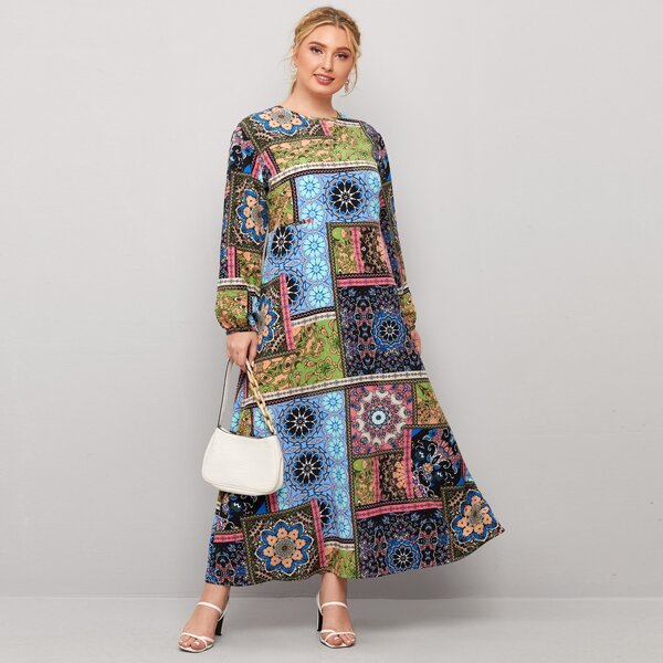 

Plus Mandala Print Maxi Tunic Dress, Multicolor
