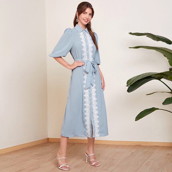 

Lantern Sleeve Contrast Lace Detail Belted Shirt Dress, Baby blue