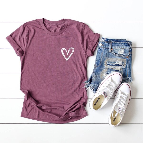 

Plus Heart Print Short Sleeve Tee, Mauve purple