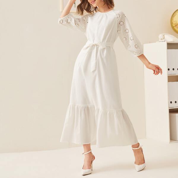 

Eyelet Embroidery Ruffle Hem Belted Dress, White