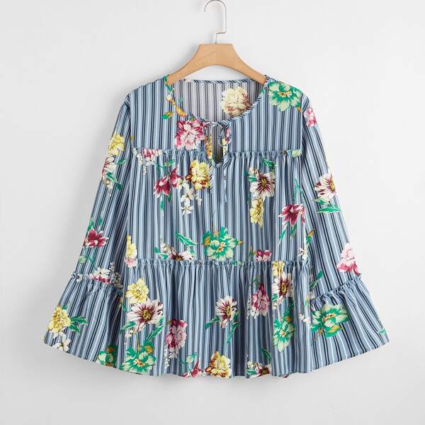 

Plus Floral & Striped Smock Top, Multicolor