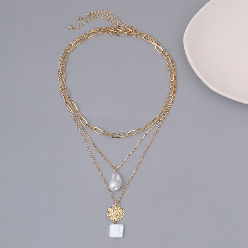 

3pcs Guys Faux Pearl Charm Necklace, Gold