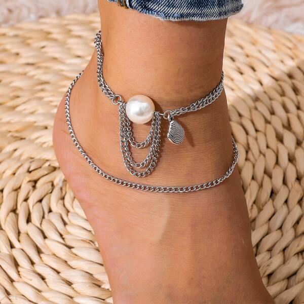

1pc Faux Pearl Chain Anklet, Silver