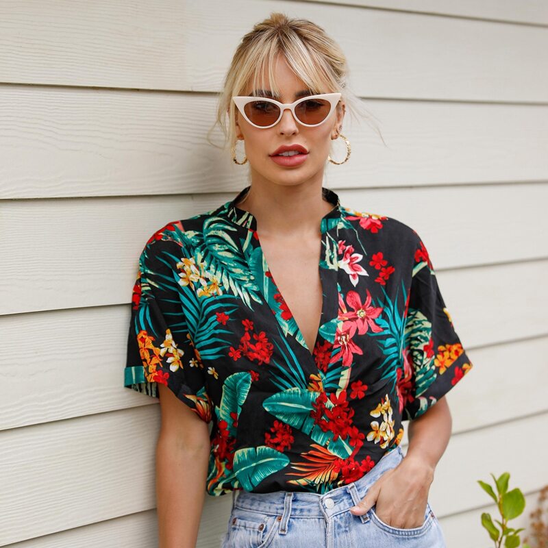 

Tropical Print Notch Neck Dolman Sleeve Top, Multicolor