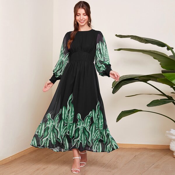 

Tropical Print Lantern Sleeve Chiffon Dress, Black