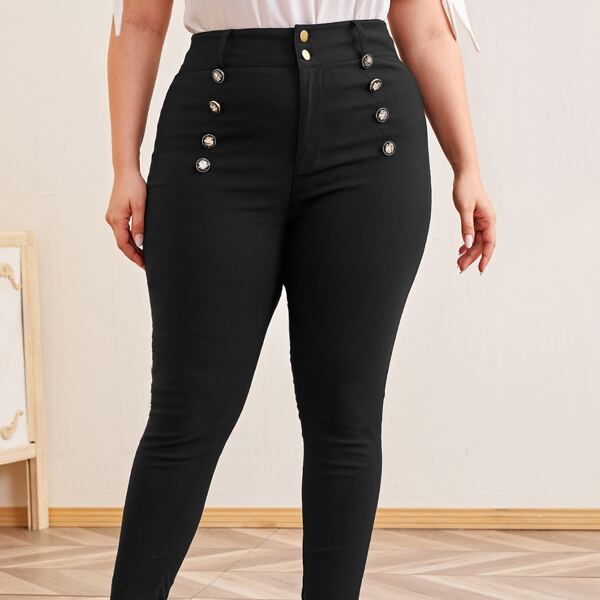 

Plus Double Button Skinny Pants, Black