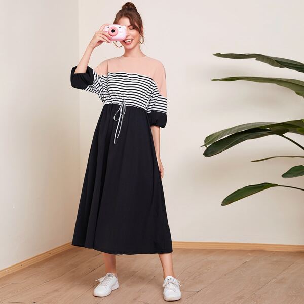 

Batwing Sleeve Knot Waist Striped Colorblock Dress, Black