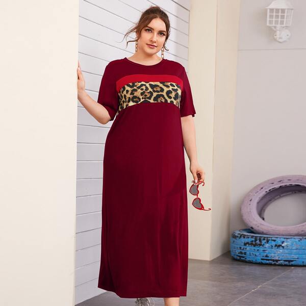 

Plus Colorblock Leopard Panel Dress, Maroon