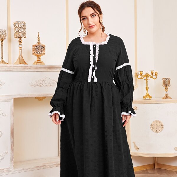 

Plus Lace Contrast Binding Dress, Black