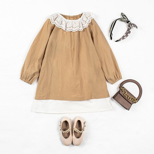 

Toddler Girls Contrast Schiffy Trim Dress, Khaki
