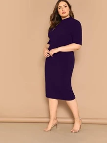 SHEIN Privé Plus Mock-neck Solid Pencil Dress - Purple - View 3