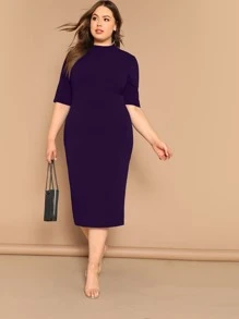 SHEIN Privé Plus Mock-neck Solid Pencil Dress - Purple - View 5