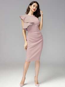 MIUSOL vestido unicolor bajo con abertura ribete fruncido - Rosa vieja - Ver 1