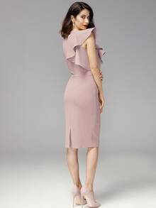 MIUSOL vestido unicolor bajo con abertura ribete fruncido - Rosa vieja - Ver 2
