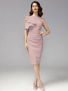 MIUSOL vestido unicolor bajo con abertura ribete fruncido - Rosa vieja - Ver 3