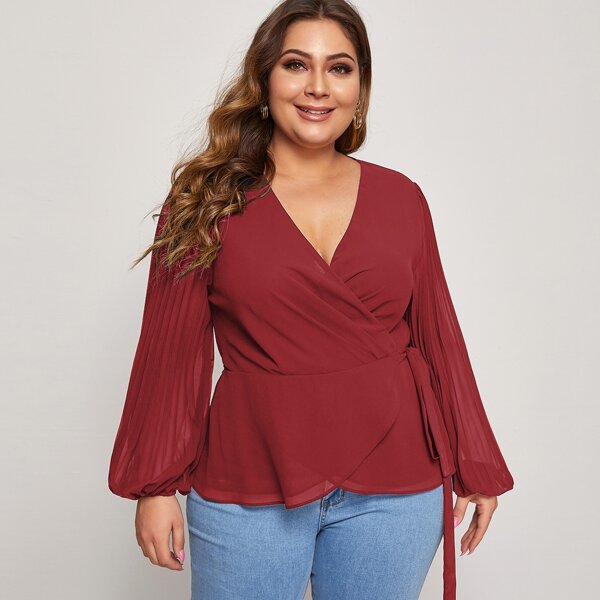

Plus Pleated Lantern Sleeve Wrap Tie Side Peplum Blouse, Burgundy