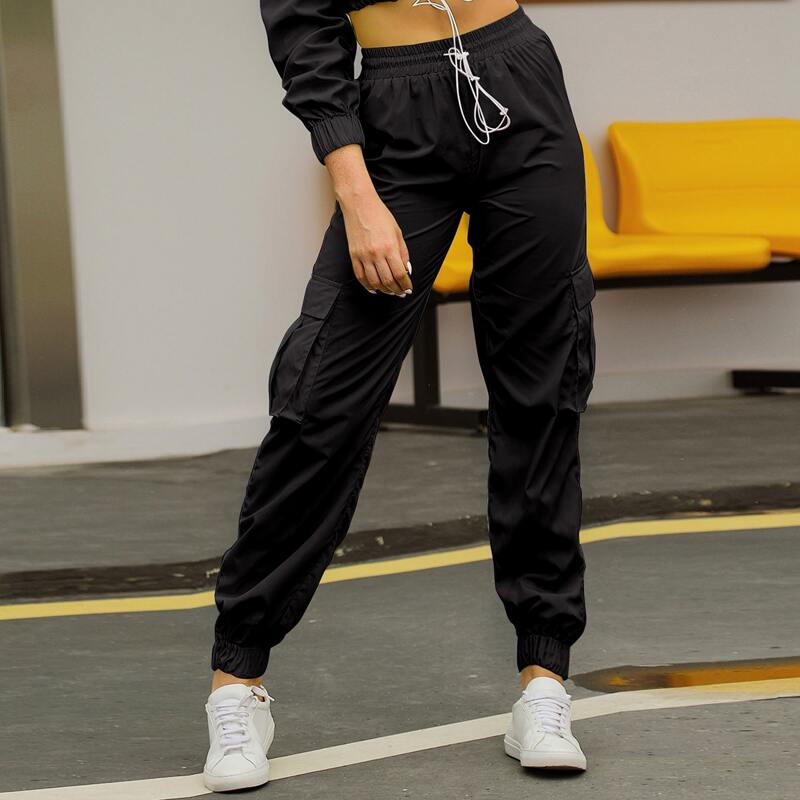 

Flap Pocket Drawstring Waist Cargo Pants, Black