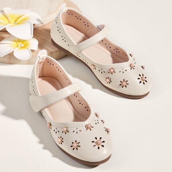 

Toddler Girls Beaded Decor Hollow Out Flats, Beige