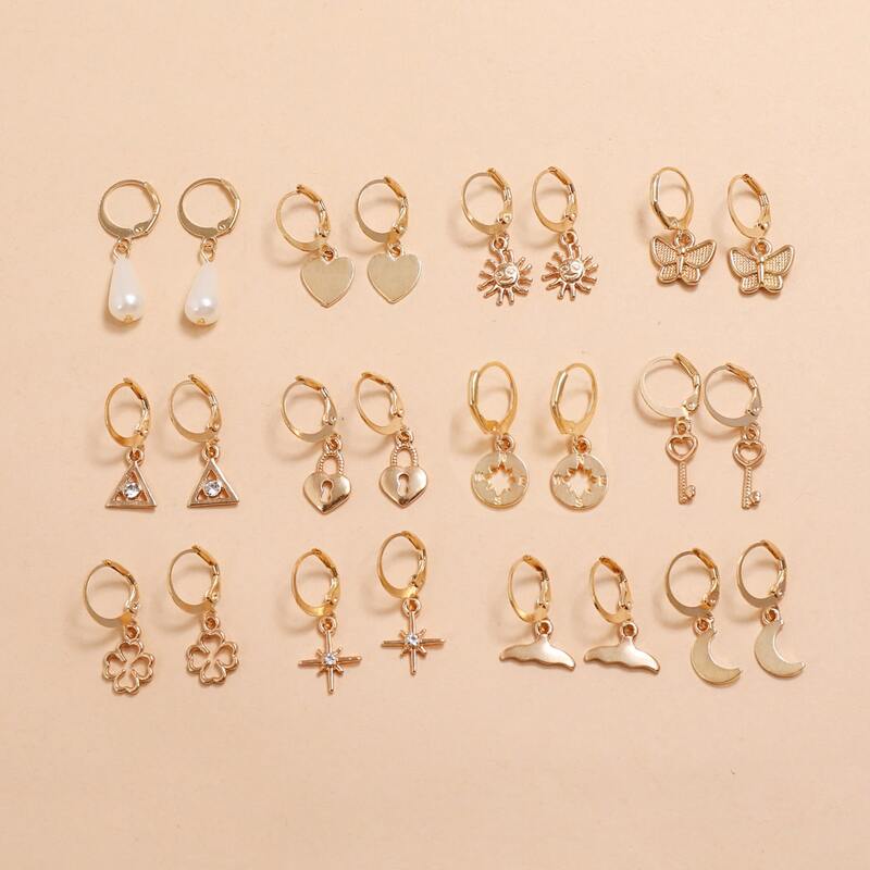 

12pairs Heart & Butterfly Drop Earrings, Gold