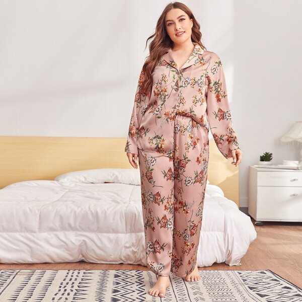 

Plus Notched Collar Floral Satin Blouse & Pants PJ Set, Dusty pink