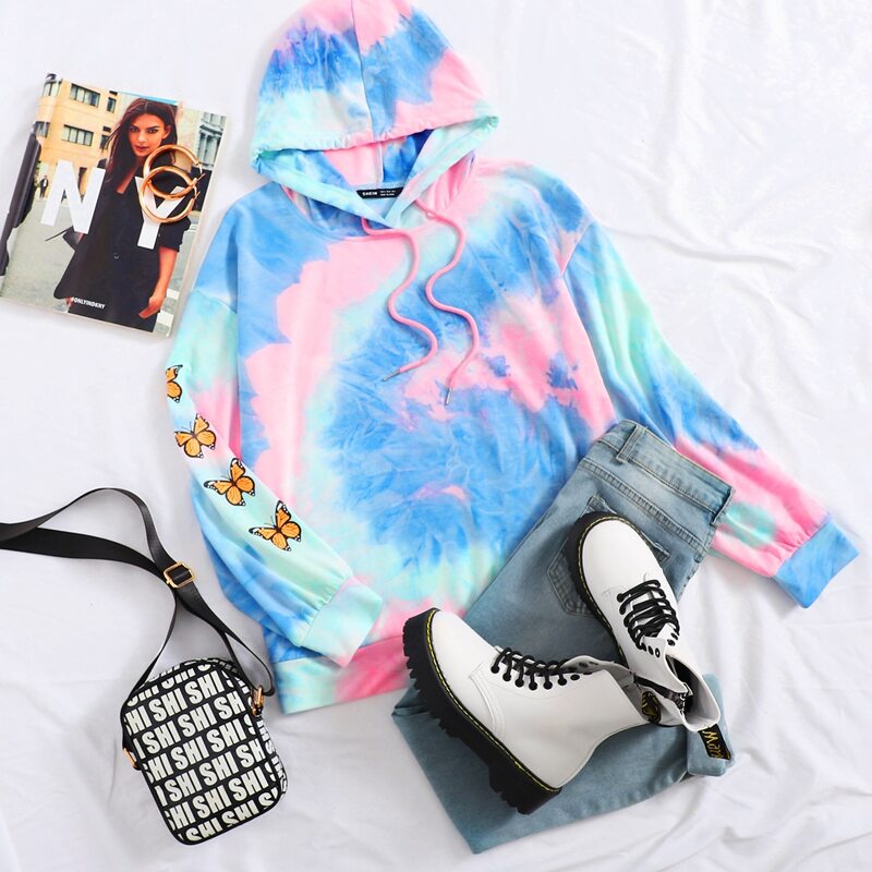 

Tie Dye Drop Shoulder Butterfly Sleeve Hoodie, Multicolor