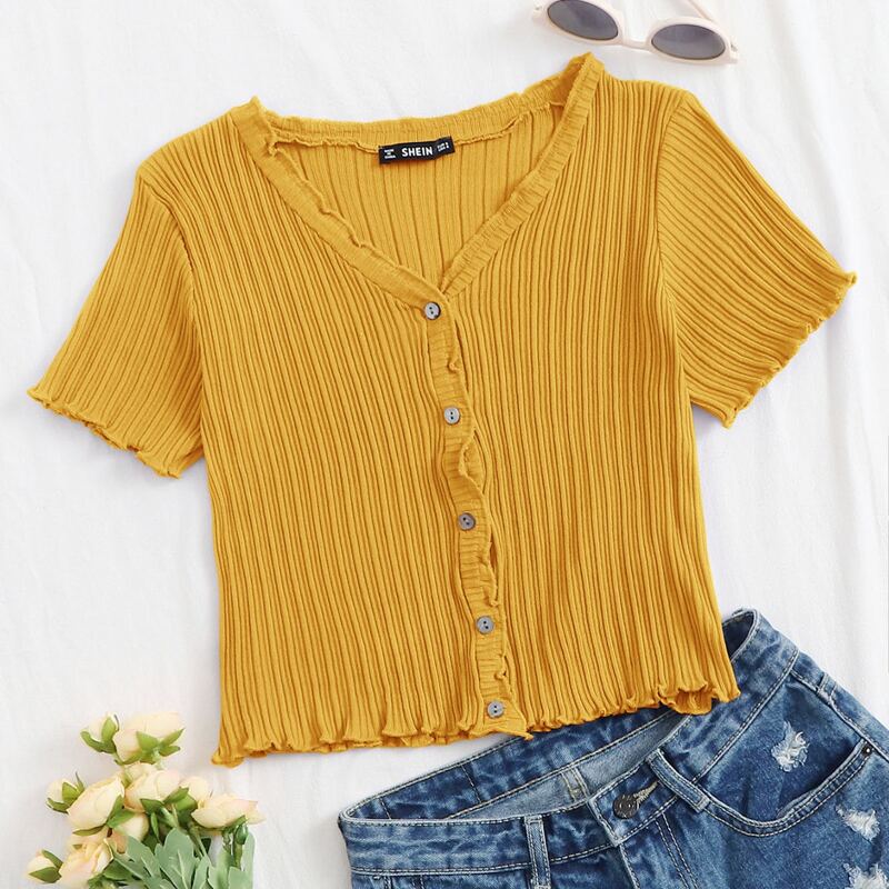 

Button Front Rib-knit Cardigan, Bright mustard yellow