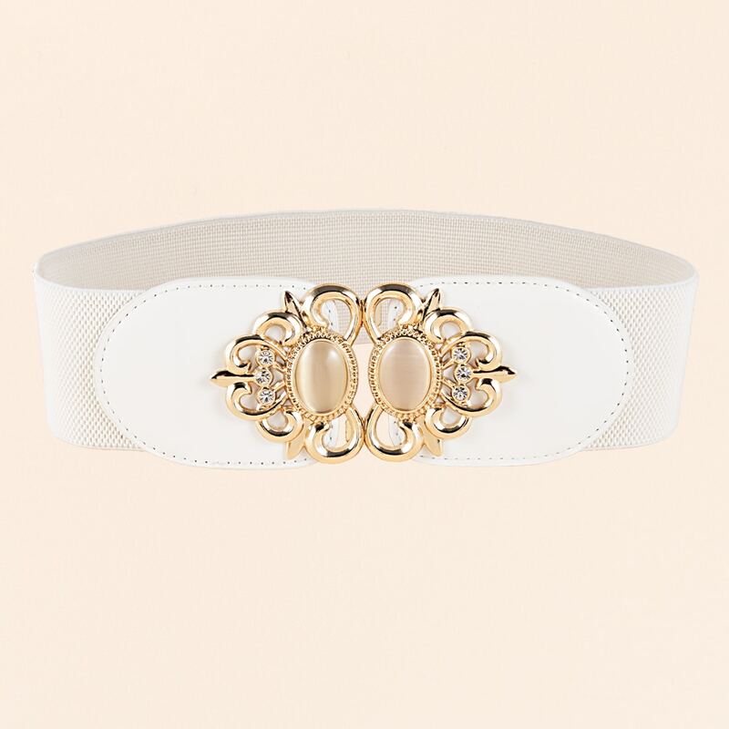 

Rhinestone Buckle Wide Belt, White