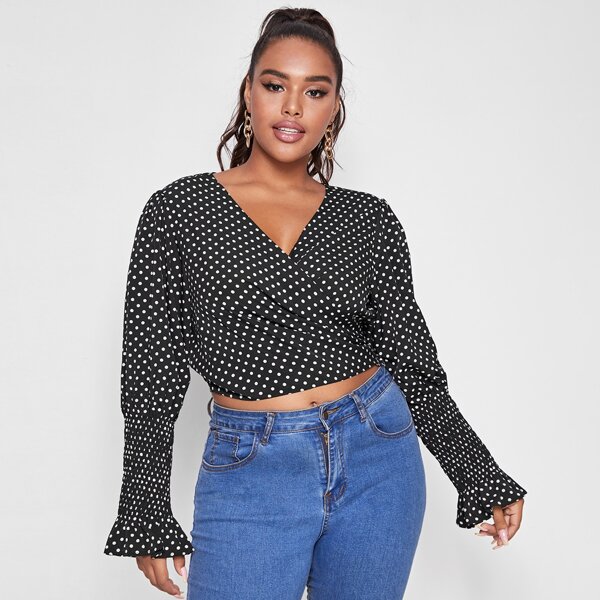

Plus Surplice Neck Polka Dot Tie Back Crop Blouse, Black