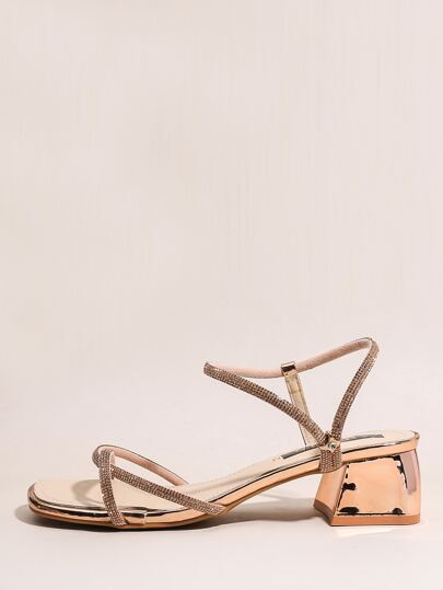 Metallic Rhinestone Decor Chunky Heeled Sandals