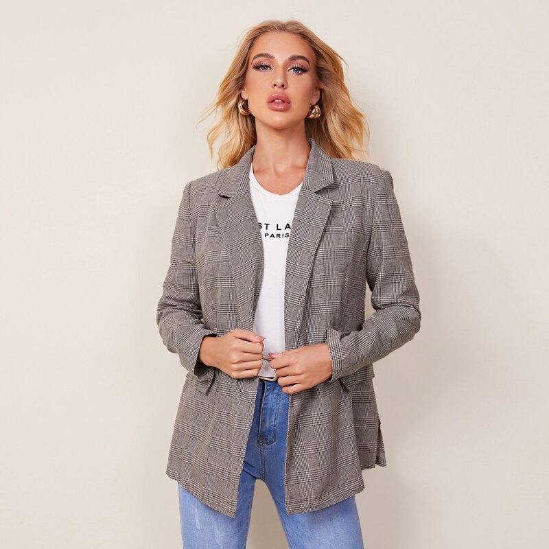 

Notch Collar Flap Detail Glen Plaid Blazer, Multicolor