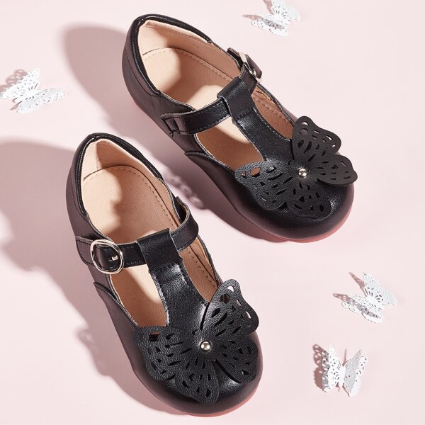 

Toddler Girls Butterfly Decor T Strap Flats, Black