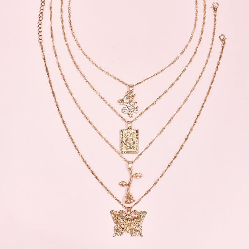 

4pcs Chinese Dragon Pendant Necklace, Gold
