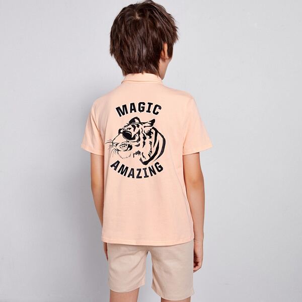 

Boys Tiger and Letter Print Polo Shirt, Pastel baby pink